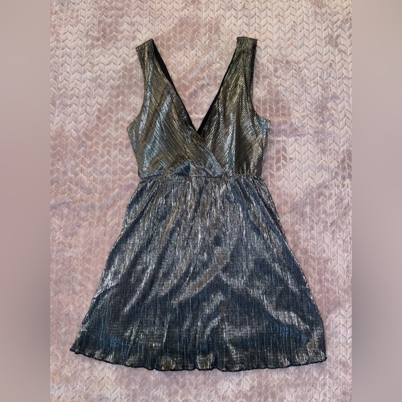 Y2K Metallic Dress Plunge Neck Black Silver Dress S party dress - Picture 2 of 11